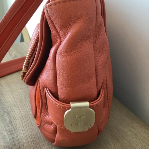 See by Chloe Crossbody Bag Orange Pebbled Leather with Zipper Ribbon Detail - Picture 4 of 12